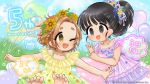  2girls anniversary balloon bare_shoulders black_eyes black_hair blush braid brown_eyes brown_hair chibi commentary_request countdown dress eyebrows_visible_through_hair flower fukuyama_mai grass hair_flower hair_ornament heart_balloon highres idolmaster idolmaster_cinderella_girls idolmaster_cinderella_girls_starlight_stage long_hair multiple_girls official_art open_mouth outdoors ponytail ryuuzaki_kaoru short_eyebrows short_hair side_braid smile wreath yabai_(artist) 