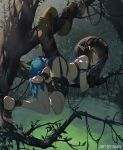 1girl arknights arm_strap ass bandeau bangs bare_legs bare_shoulders barefoot black_hair brown_eyes commentary eunectes_(arknights) goggles goggles_on_head highres looking_at_viewer midriff nian outdoors parted_lips pointy_ears pouch prehensile_tail revision short_hair snake_tail solo tail thigh_strap thighs tree