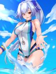  1girl bangs blue_bow blue_sky blue_swimsuit bow breasts fate/grand_order fate_(series) hair_between_eyes hair_bow highleg highleg_swimsuit highres large_breasts long_hair looking_at_viewer ocean one-piece_swimsuit open_mouth ponytail red_eyes silver_hair sky smile splashing swimsuit thighs tomoe_gozen_(fate/grand_order) tomoe_gozen_(swimsuit_saber)_(fate) two-tone_swimsuit wading white_swimsuit wristband yahan_(mctr5253) 