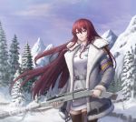  1girl arin_sel bangs belt black_legwear blue_eyes coat dress gun hair_between_eyes heterochromia highres last_origin long_hair looking_at_viewer mountain mountainous_horizon outdoors purple_hair red_eyes rifle short_dress smile snow solo t-8w_valkyrie thigh-highs tree very_long_hair weapon winter winter_clothes 