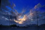  blue_sky clouds cloudy_sky commentary_request cumulonimbus_cloud house mocha_(cotton) no_humans original outdoors plant power_lines scenery sky sunlight sunset telephone_pole 