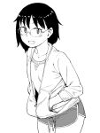  1girl fang glasses greyscale hands_in_pockets highres hodaka_natsumi hood hoodie houkago_teibou_nisshi monochrome onsen_tamago_(hs_egg) short_hair short_shorts shorts skin_fang solo white_background 