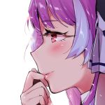  1girl close-up from_side hand_to_own_mouth implied_yuri light_smile looking_ahead macross macross_delta mikumo_guynemer purple_hair red_eyes sasanoneko solo 