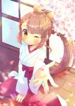  1girl ;) bangs between_legs blurry blurry_foreground blush bow breasts brown_eyes brown_hair closed_mouth depth_of_field eyebrows_visible_through_hair flower hair_ribbon hakama_pants hand_between_legs japanese_clothes kimono kouu_hiyoyo long_hair long_sleeves looking_at_viewer one_eye_closed original outstretched_arm pants petals ponytail red_bow red_pants ribbon small_breasts smile solo very_long_hair white_flower white_kimono wide_sleeves yellow_ribbon 