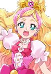  1girl :d bangs blonde_hair blue_eyes blush collarbone cure_flora earrings floating_hair go!_princess_precure highres jewelry long_hair multicolored_hair open_mouth parted_bangs pink_hair precure sharumon shiny shiny_hair short_sleeves smile solo tied_hair two-tone_hair upper_body very_long_hair white_sleeves 