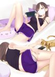  1girl ama_mitsuki ass bare_legs bare_shoulders barefoot brown_eyes brown_hair cat cellphone couch handheld_game_console holding holding_handheld_game_console indoors long_hair lying mask mouth_mask multiple_views navel nintendo_switch on_side original panties pantyshot phone playing_games shorts spread_legs strap_slip surgical_mask tank_top underwear white_panties 