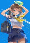  1girl absurdres aircraft airplane arms_up bag blue_eyes blue_skirt blue_sky bottle brown_hair condensation_trail cowboy_shot crop_top crop_top_overhang highres holding holding_bottle looking_at_viewer medium_hair midriff miniskirt mirin_boshi original parted_lips pleated_skirt sailor_collar school_bag school_uniform serafuku shirt short_sleeves skirt sky solo white_shirt 