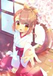  1girl :d bangs between_legs blurry blurry_foreground blush bow breasts brown_eyes brown_hair commentary_request depth_of_field eyebrows_visible_through_hair flower hair_ribbon hakama_pants hand_between_legs japanese_clothes kimono kouu_hiyoyo long_hair long_sleeves looking_at_viewer open_mouth original outstretched_arm pants petals ponytail red_bow red_pants ribbon small_breasts smile solo very_long_hair white_flower white_kimono wide_sleeves yellow_ribbon 