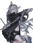  1girl animal_ears arknights bangs black_footwear black_jacket black_nails black_shorts clay_(1517036882) commentary_request grey_eyes hair_over_one_eye holding holding_sword holding_weapon jacket lappland_(arknights) long_hair long_sleeves looking_at_viewer nail_polish navel reverse_grip shoes short_shorts shorts silver_hair simple_background smile solo stomach sword weapon white_background wolf_ears 
