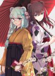  2girls alternate_costume animal_ears arknights bangs bear_ears black_hakama blue_eyes blurry_foreground book braid brown_hair commentary_request eyebrows_visible_through_hair flower grin hair_flower hair_ornament hakama highres holding holding_book holding_umbrella istina_(arknights) japanese_clothes kimono long_hair long_sleeves looking_at_viewer monocle multicolored_hair multiple_girls oriental_umbrella parted_lips partial_commentary red_umbrella redhead silver_hair single_braid smile star_(symbol) star_hair_ornament streaked_hair toyoharu umbrella white_flower white_kimono wide_sleeves yellow_kimono zima_(arknights) 