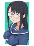  1girl bangs black_hair breasts collarbone eyebrows_visible_through_hair glasses hashi houkago_teibou_nisshi long_hair medium_breasts oono_makoto opaque_glasses sailor_collar school_uniform simple_background solo swept_bangs upper_body 