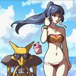  1girl akairiot alakazam arm_at_side bangs black_hair blunt_bangs bracelet clouds commentary day food gen_1_pokemon hand_up highres jewelry long_hair navel necklace open_mouth outdoors pink_eyes pokemon pokemon_(creature) pokemon_(game) pokemon_frlg sabrina_(pokemon) sky spoon sunglasses swimsuit telekinesis thigh_gap tongue 