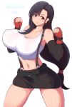  1girl bare_shoulders belt black_hair breasts character_name clenched_hand final_fantasy final_fantasy_vii fingerless_gloves gloves highres large_breasts long_hair looking_at_viewer low_tied_hair midriff navel pencil_skirt ponponmaru red_eyes red_gloves simple_background skirt smile solo suspender_skirt suspenders teardrop_earring tifa_lockhart very_long_hair white_background 