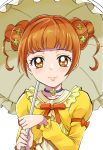  1girl bangs brown_eyes brown_hair closed_mouth clover_hair_ornament collarbone cure_rosetta dokidoki!_precure double_bun hair_ornament highres holding holding_umbrella jewelry long_sleeves looking_at_viewer neck_ribbon necklace orange_ribbon precure ribbon sharumon shiny shiny_hair shirt short_hair smile solo tied_hair umbrella upper_body yellow_shirt 