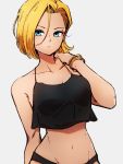  1girl android_18 bangle black_panties blonde_hair blue_eyes bracelet breasts closed_mouth collarbone crop_top crop_top_overhang dragon_ball dragon_ball_z grey_background hair_between_eyes hand_up jewelry kemachiku looking_at_viewer medium_breasts midriff navel panties short_hair simple_background slender_waist solo spaghetti_strap underwear 