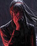 1girl bangs black_hair black_jacket brown_eyes closed_mouth crosswalk guweiz hairband hand_on_own_face hand_up highres jacket long_hair long_sleeves looking_at_viewer original outdoors ponytail rain red_hairband red_lips solo sunglasses upper_body 