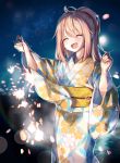  1girl :d bangs closed_eyes commentary_request eyebrows_visible_through_hair fireworks floral_print highres holding japanese_clothes kagamihara_nadeshiko kimono lens_flare moon night night_sky open_mouth pink_hair ponytail print_kimono reflection ringosutta senkou_hanabi sky smile solo sparkler sparks standing star_(sky) water yukata yurucamp 