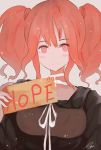  1girl close-up english_text highres holding holding_sign looking_at_viewer macross macross_delta makina_nakajima medium_hair orange_eyes orange_hair osatsu_a sign smile solo twintails 