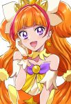  1girl :d bangs blush bow collarbone cure_twinkle dress earrings gloves go!_princess_precure hair_bow hair_intakes highlights highres jewelry long_hair multicolored_hair open_mouth orange_hair precure purple_bow redhead sharumon shiny shiny_hair simple_background smile solo star_(symbol) star_earrings strapless strapless_dress upper_body very_long_hair violet_eyes white_background white_bow white_gloves yellow_dress 