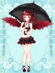  1girl bangs bare_arms bare_shoulders bikini bikini_skirt black_bikini black_umbrella breasts character_request collarbone eyebrows_visible_through_hair feathered_wings frilled_umbrella full_body hair_ornament holding holding_umbrella kerberos_blade layered_bikini looking_at_viewer mirai_(happy-floral) navel official_art parted_lips red_eyes red_footwear red_wings redhead shoes side_ponytail small_breasts solo standing swimsuit umbrella wings 