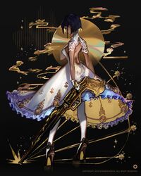  1girl ankle_ribbon backless_dress backless_outfit black_background black_bow black_footwear black_hair bob_cut bow breasts clouds dongbackbyul dress frilled_dress frills from_behind full_body full_moon gun hair_strand high_heels highres holding holding_gun holding_weapon lace lace_sleeves medium_breasts moon original pantyhose profile ribbon rifle shoe_soles short_hair short_sleeves solo sparkle weapon white_dress white_legwear 