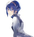  1girl aisutabetao alternate_hair_length alternate_hairstyle blue_eyes blue_hair breasts fire_emblem fire_emblem_awakening leaning_forward looking_at_viewer looking_back lucina lucina_(fire_emblem) parted_lips short_hair small_breasts solo white_background 