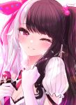  1girl absurdres bangs black_hair blush breasts commentary_request hair_ornament hair_ribbon highres keichan_(user_afpk7473) long_hair looking_at_viewer multicolored_hair nijisanji red_eyes ribbon smile solo tears twintails two-tone_hair virtual_youtuber yorumi_rena 