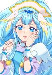  1girl blue_eyes blue_hair capelet collarbone cure_ange earrings hair_ornament highres hug hugtto!_precure jewelry long_hair long_sleeves looking_at_viewer open_mouth precure see-through sharumon shiny shiny_hair solo upper_body very_long_hair white_capelet 