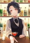  1girl alcohol bar bartender black_hair black_neckwear black_vest cocktail_glass counter cup drinking_glass long_sleeves original red_eyes smile solo vest yuki_lio 