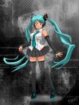  1girl black_skirt blue_hair blue_neckwear breasts detached_sleeves floating_hair fusion hatsune_miku highres large_breasts looking_to_the_side lum moechiki necktie parody red_eyes skirt smile solo standing style_parody takahashi_rumiko_(style) thigh-highs twintails urusei_yatsura vocaloid 