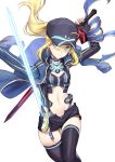  1girl ahoge artoria_pendragon_(all) athenawyrm baseball_cap black_headwear black_shorts blonde_hair blue_jacket blue_scarf dual_wielding excalibur excalibur_morgan fate/grand_order fate_(series) green_eyes hair_through_headwear hat highres himitsucalibur holding holding_sword holding_weapon jacket midiman mysterious_heroine_x open_track_jacket scarf shorts solo sword thigh-highs track_jacket weapon 