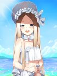  1girl abigail_williams_(fate/grand_order) abigail_williams_(swimsuit_foreigner)_(fate) bangs bare_shoulders beach bikini blonde_hair blue_eyes blue_sky blush bonnet bow braid breasts fate/grand_order fate_(series) forehead hair_bow hair_rings highres long_hair looking_at_viewer miniskirt nonaturednerd ocean open_mouth parted_bangs sidelocks skirt sky small_breasts smile swimsuit twin_braids twintails very_long_hair wet white_bikini white_bow white_headwear 