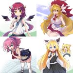  5girls :d :o absurdres animal_ear_fluff animal_ears bangs bare_arms bare_shoulders bell bell_collar black_footwear black_sailor_collar black_skirt black_wings blonde_hair blue_dress blue_eyes blue_neckwear borrowed_character bow breasts cat_ears cat_girl cat_tail chibi collar commentary_request curled_horns demon_girl demon_horns demon_wings detached_sleeves detached_wings dress eyebrows_visible_through_hair fang food frilled_dress frills hair_between_eyes hair_bow highres holding holding_food horns jingle_bell large_breasts leaning_forward long_hair long_sleeves low_ponytail maid mini_wings multiple_girls neckerchief open_mouth original parted_lips pink_hair pleated_skirt ponytail purple_bow red_bow red_collar red_eyes redhead ryogo sailor_collar sailor_dress school_uniform serafuku shirt shoes skirt sleeveless sleeveless_dress sleeveless_shirt smile tail thigh-highs v-shaped_eyebrows very_long_hair white_dress white_legwear white_sailor_collar white_shirt white_sleeves wide_sleeves wing_hair_ornament wings 
