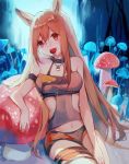  1girl :3 animal_ears arknights arm_strap bangs bare_arms bare_shoulders breasts brown_hair ceobe_(arknights) chinese_commentary commentary_request eyebrows_visible_through_hair fang hair_between_eyes highres long_hair looking_at_viewer medium_breasts mouth_hold mushroom navel red_eyes solo thighs very_long_hair yunweishukuang 