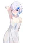  1girl absurdres arm_behind_head arm_up armpits bangs bare_shoulders blunt_bangs blush dress hair_ornament hairclip highres lize_helesta maao_you_you multicolored_hair nijisanji simple_background sleeveless sleeveless_dress solo sundress two-tone_hair virtual_youtuber white_dress 