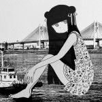  1girl awayawa_pic black_hair commentary_request dot_mouth dot_nose double_bun dress from_side greyscale knees_up long_hair looking_at_viewer monochrome original photo_background print_dress ship solo suspension_bridge watercraft 