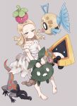  1girl barefoot blonde_hair bounsweet child dirty dirty_clothes dirty_face dress feebas gen_3_pokemon gen_5_pokemon gen_7_pokemon green_eyes grey_background oleana_(pokemon) pokemon pokemon_(creature) pokemon_(game) pokemon_swsh rinka_(rinka0912) salandit sitting snorunt torn_clothes trubbish white_dress younger 