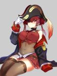  1girl background bangs black_legwear blush breasts clothed crop_top curvy erect_nipples eyepatch female female_only gloves grey_background hair_between_eyes hat hat_feather hat_tip hololive houshou_marine jacket kukumomo large_breasts legwear looking_at_viewer navel orange_eyes pirate_hat red_hair red_skirt sitting skirt smile solo thick_thighs thighhighs uniform 