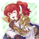  1girl anna_(fire_emblem) finger_to_chin fire_emblem fire_emblem_heroes ichii_k looking_at_viewer musical_note one_eye_closed open_mouth red_eyes redhead side_ponytail smile solo 