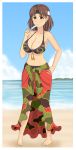  beach bikini blue_sky breasts camouflage chibiosaka chiyoda_(kantai_collection) food grey_eyes grey_hair hair_ribbon headband highres huge_breasts island kantai_collection long_hair ocean popsicle ribbon sand sarong sky smile swimsuit tassel 