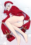  1girl absurdres bangs beret breasts brooch caren_hortensia caren_hortensia_(amor_caren) dress fate/grand_order fate_(series) feet hat highres jewelry legs long_hair long_sleeves looking_at_viewer lying mishima_ryo neck_ribbon on_side panties pantyhose red_dress red_headwear ribbon shawl small_breasts underwear wavy_hair white_hair white_panties yellow_eyes 