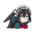  1girl black_hair chibi gothic_lolita green_eyes gundam gundam_build_divers gundam_build_divers_re:rise hairband highres ikigai lolita_fashion lolita_hairband long_hair looking_at_viewer may_(gundam_build_divers_re:rise) pout solo v-shaped_eyebrows white_background 