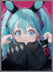  1girl absurdres ahoge animal_ears bangs blue_eyes blue_hair blue_nails border closed_mouth earrings fake_animal_ears happy_birthday hatsune_miku high_collar highres jewelry long_hair long_sleeves looking_at_viewer mile_(mil2) nail_polish number pink_background portrait rabbit_ears simple_background smile solo twintails vocaloid zipper_pull_tab 