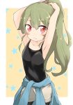  1girl adjusting_hair alternate_hairstyle anchovy_(girls_und_panzer) armpits arms_up bangs barashiya black_legwear black_shirt blue_shirt blush casual closed_mouth clothes_around_waist commentary cowboy_shot eyebrows_visible_through_hair frown girls_und_panzer green_hair grey_shorts hair_ornament hair_scrunchie highres legwear_under_shorts long_hair long_sleeves looking_at_viewer outline outside_border pantyhose pink_scrunchie ponytail red_eyes scrunchie shirt short_shorts shorts solo standing starry_background tank_top white_outline yellow_background 