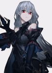  1girl absurdres arknights bangs bare_shoulders black_gloves commentary_request fixro2n gloves grey_background hair_between_eyes highres holding long_hair looking_at_viewer no_hat no_headwear red_eyes silver_hair simple_background skadi_(arknights) solo upper_body very_long_hair 