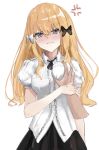  1girl angry bangs black_bow blonde_hair blush bow breast_grab breasts eyebrows_visible_through_hair grabbing hair_bow hair_ornament highres large_breasts long_hair pointy_ears princess_connect! princess_connect!_re:dive saren_(princess_connect!) solo yasushi_(1x4v4) 