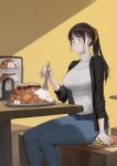  1girl black_hair black_jacket blue_pants blush breasts cellphone closed_mouth commentary curry curry_rice denim eating eyelashes food hair_ornament hair_pulled_back hair_ribbon hairclip highres holding holding_spoon indoors jacket jeans jun_(seojh1029) large_breasts long_hair long_sleeves meat open_clothes open_jacket orange_eyes original pants phone ponytail ribbed_sweater ribbon rice sitting smartphone solo spoon sweater table turtleneck turtleneck_sweater white_sweater wide-eyed 