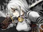  1girl absurdres armor bangs breasts brown_gloves bruise bruise_on_face cape character_request commentary_request face facing_to_the_side from_side gloves grey_background grey_cape grey_hair grey_shirt highres holding holding_weapon injury long_hair medium_breasts over_shoulder shimoda_masaya shirt shoulder_armor smile solo sword sword_over_shoulder translation_request two-sided_cape two-sided_fabric upper_body vahren_tuga weapon weapon_over_shoulder yellow_eyes 
