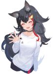  1girl animal_ear_fluff animal_ears black_hair blush breasts crying hair_ornament hairclip hand_up happy_tears hololive izumi_sai long_hair multicolored_hair ookami_mio open_mouth redhead simple_background smile solo streaked_hair tail tears virtual_youtuber wolf_ears wolf_tail 