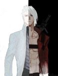  2boys abs bare_chest black_background blue_coat blue_eyes closed_mouth coat collarbone contrast dante_(devil_may_cry) devil_may_cry devil_may_cry_3 ebaizhanjiding hair_between_eyes hair_slicked_back highres male_focus multiple_boys muscle navel parted_lips red_coat siblings simple_background sword vergil weapon weapon_on_back white_background white_hair 